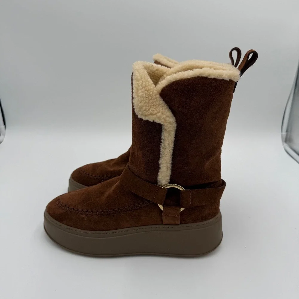NWOT Odissi Suki Suede Harness Winter Booties Shearling Lined Platform Boots 8.5